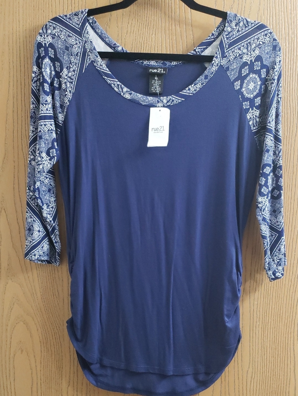 rue21 Navy Blue Raglan Top with Paisley Sleeves